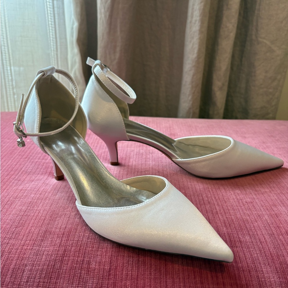 New Elegant White Satin Ankle Strap Heels